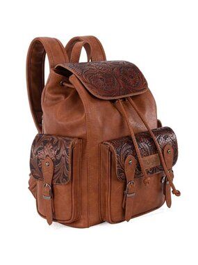 Western Floral Tooled Backpack Faux Leather Travel School Laptop Book Bag